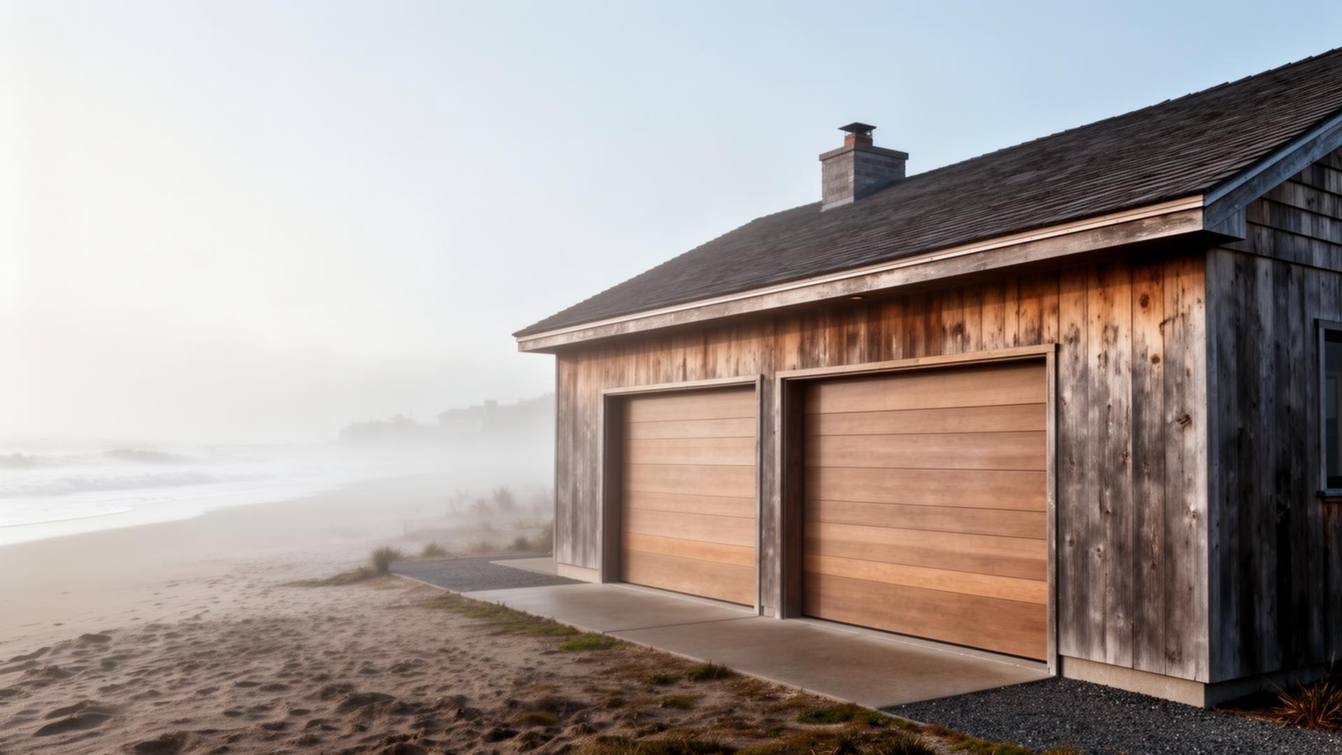 Professional ranch style horizontal panel garage doors on coastal beach house in Olympia WA